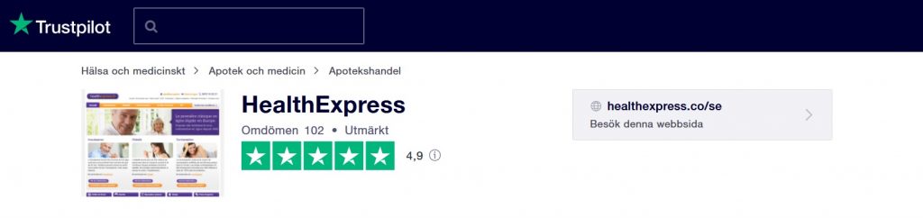 Healthexpress TrustScore på TrustPilot är 4,9 efter över 100 recensioner.